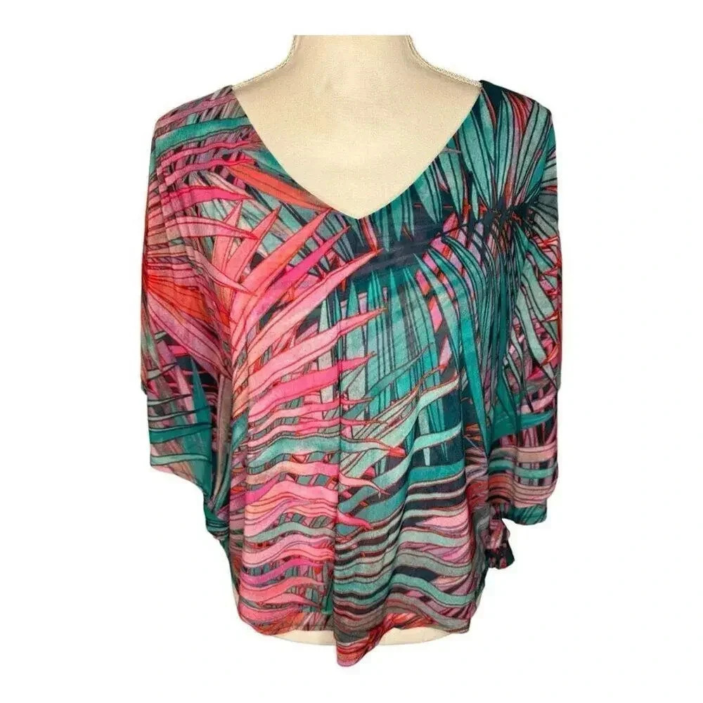 Jennifer Lopez Women's Tropical Palm Leaf V-Neck Blouse Size Small‎ S Multicolor